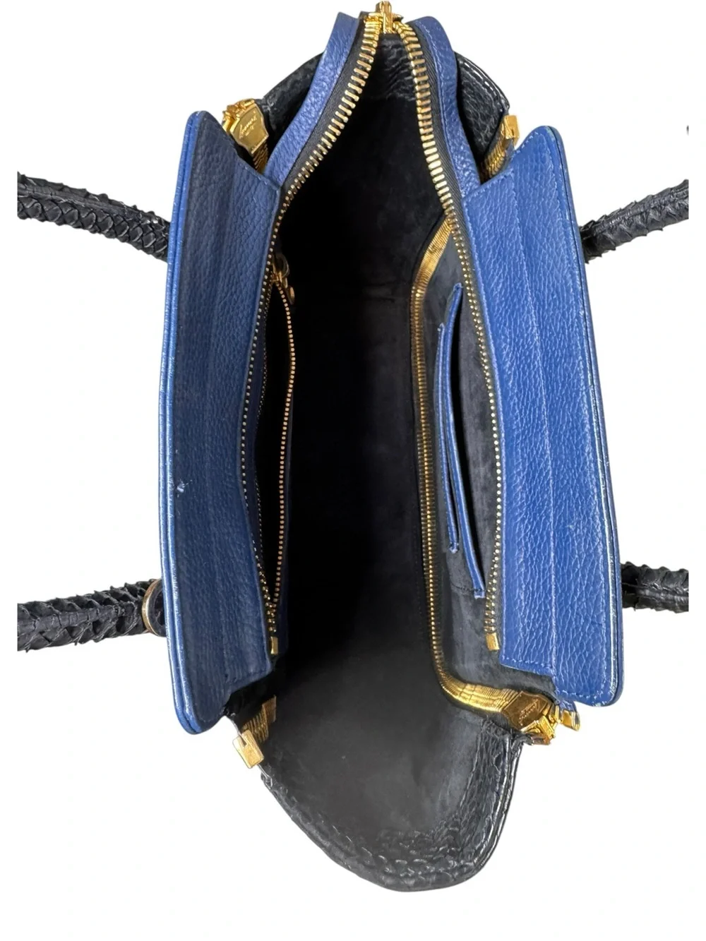 Paige Gamble Blakeley Blue Leather Black Python Exotic Zipper Satchel Tote Bag
